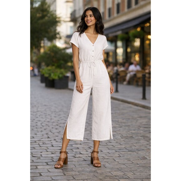 cloth & stone Pants - Cloth & Stone Jumpsuit 100% Linen Wide Leg Cropped Cream V Neck Tie Waist M